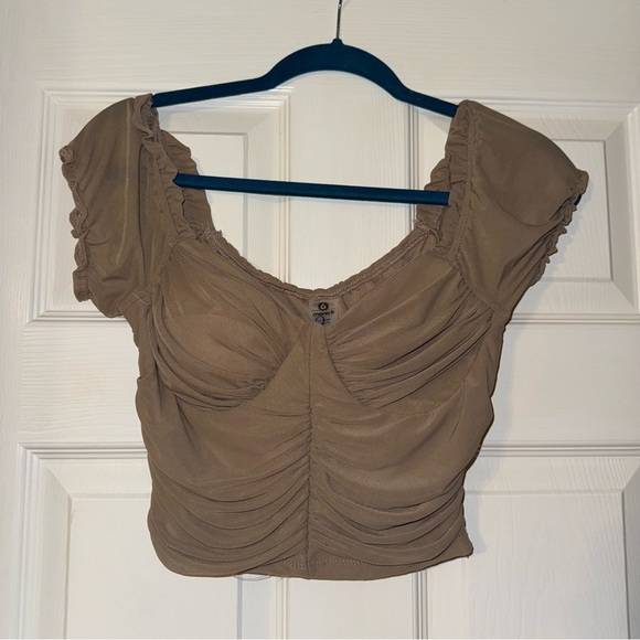 Mono B Tan Mesh Ruched Crop Top - Picture 1 of 2